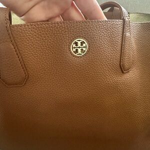 Tory Burch Brown Pebbled Saffiano Tote Bag with Gold lining